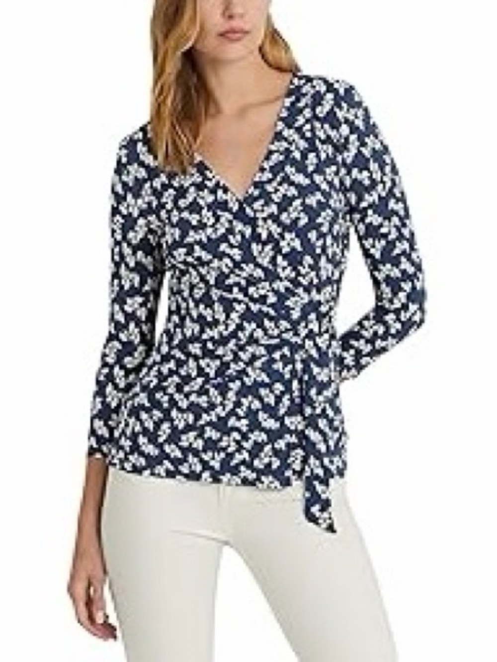 Women's Navy Floral Wrap Top with Tie Waist